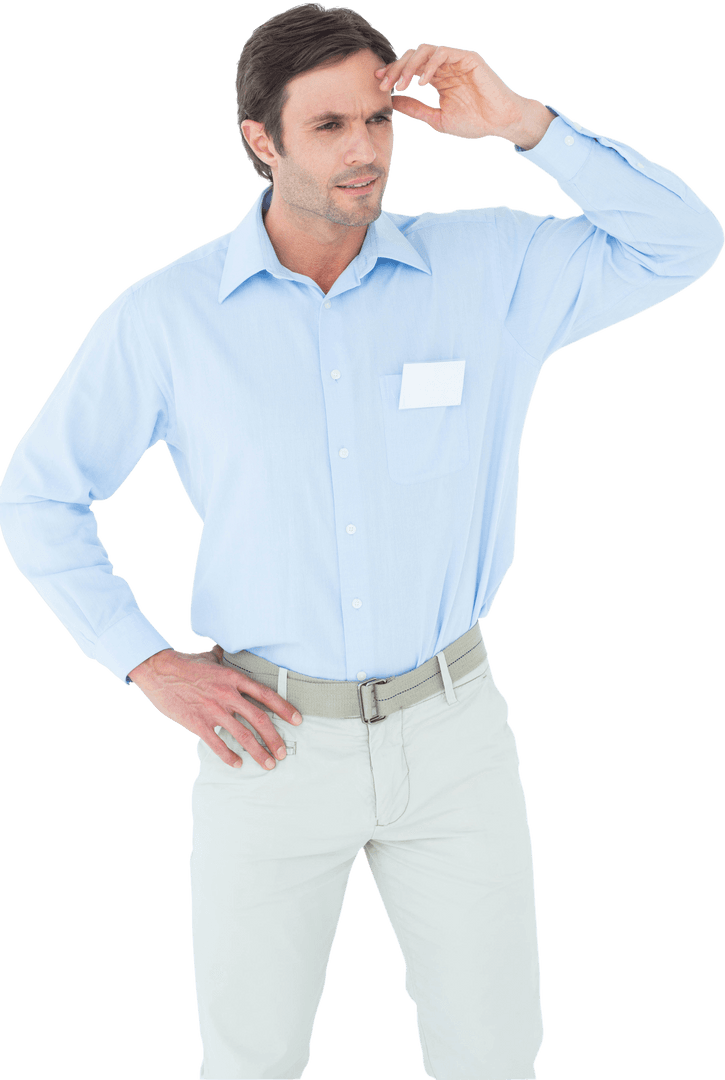 Thoughtful Businessman Posing with Hand on Hip in Transparent Background