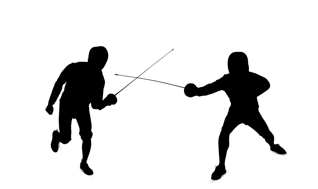 Dynamic Silhouette of Fencers Battling on Transparent Background