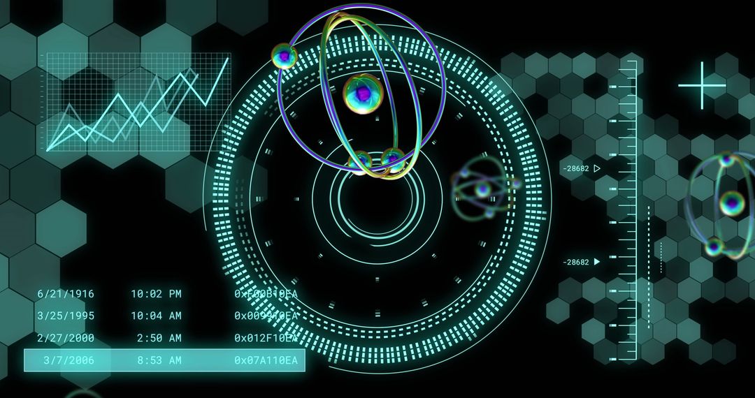 Futuristic Atom Structure with Data Analytics Display