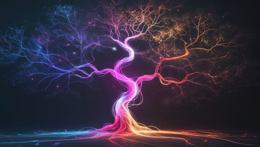 Futuristic glowing neon dreaming tree with cosmic vibes