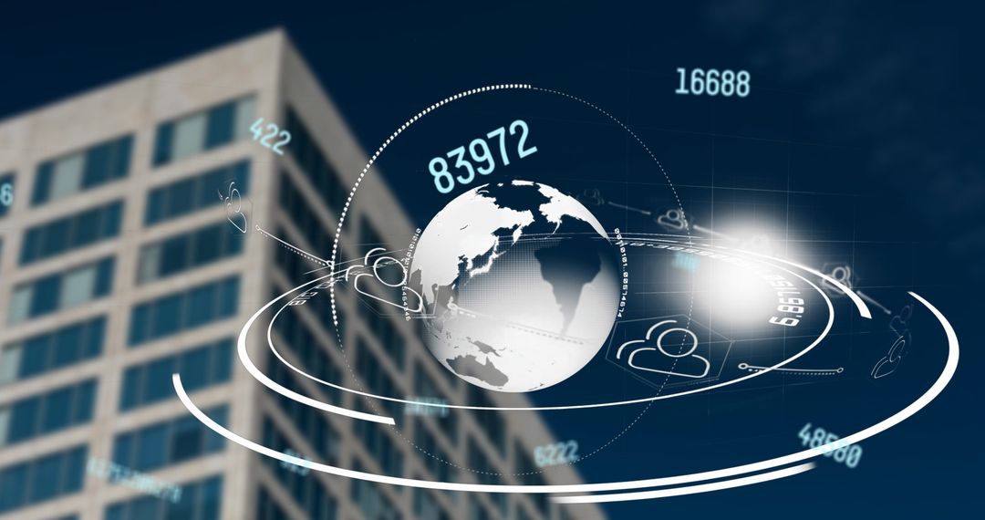 Digital Numbers and Spinning Globe Against Skyscraper