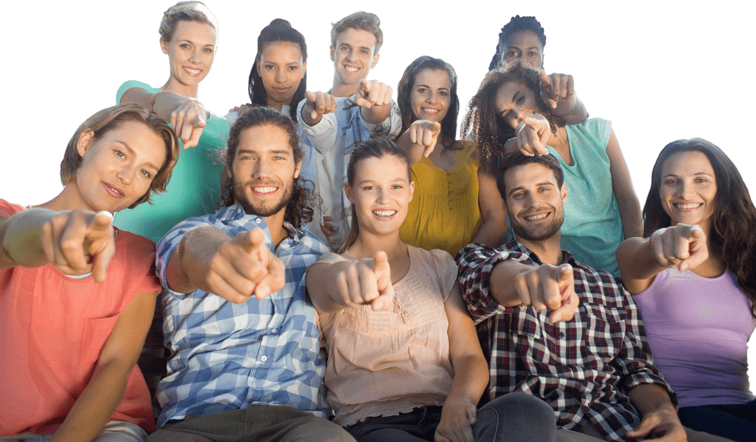 Cheerful Group Pointing Forward with Smiles on Transparent Background