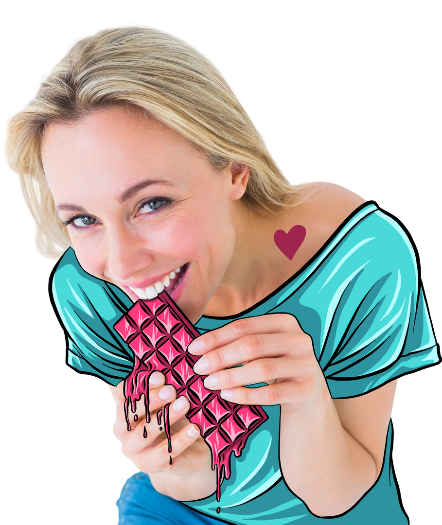 Happy Woman Eating Red Chocolate Bar on Transparent Background - Download Free Stock Images Pikwizard.com