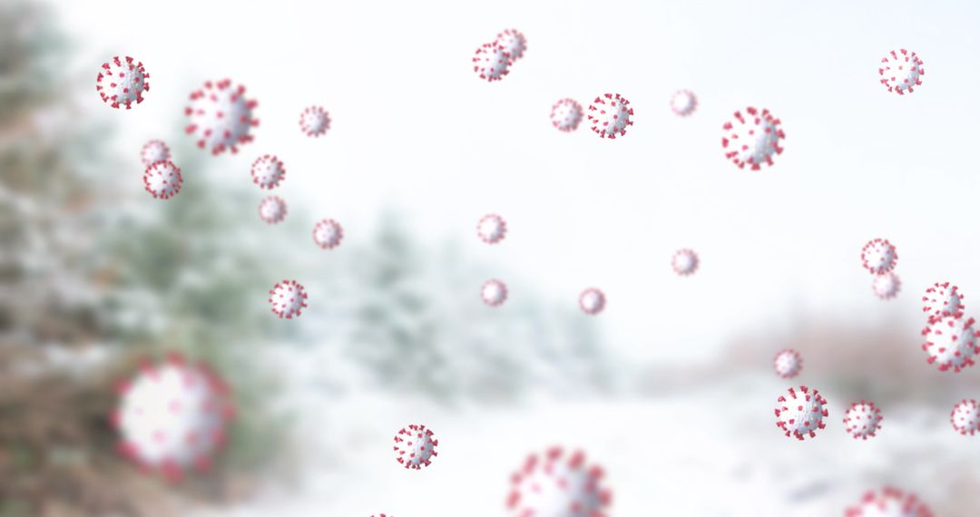 Winter Scene with Floating Coronavirus Particles in Snowy Forest