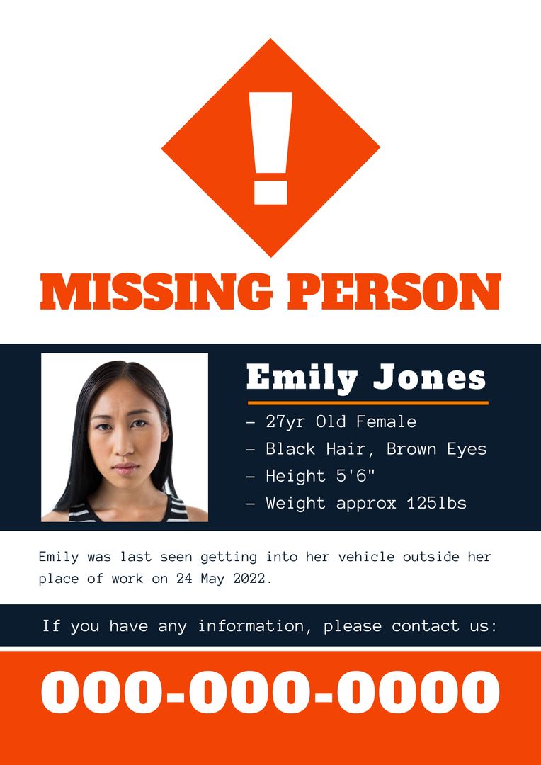 Missing Person Poster Featuring Young Asian Woman Emily Jones - Download Free Stock Templates Pikwizard.com