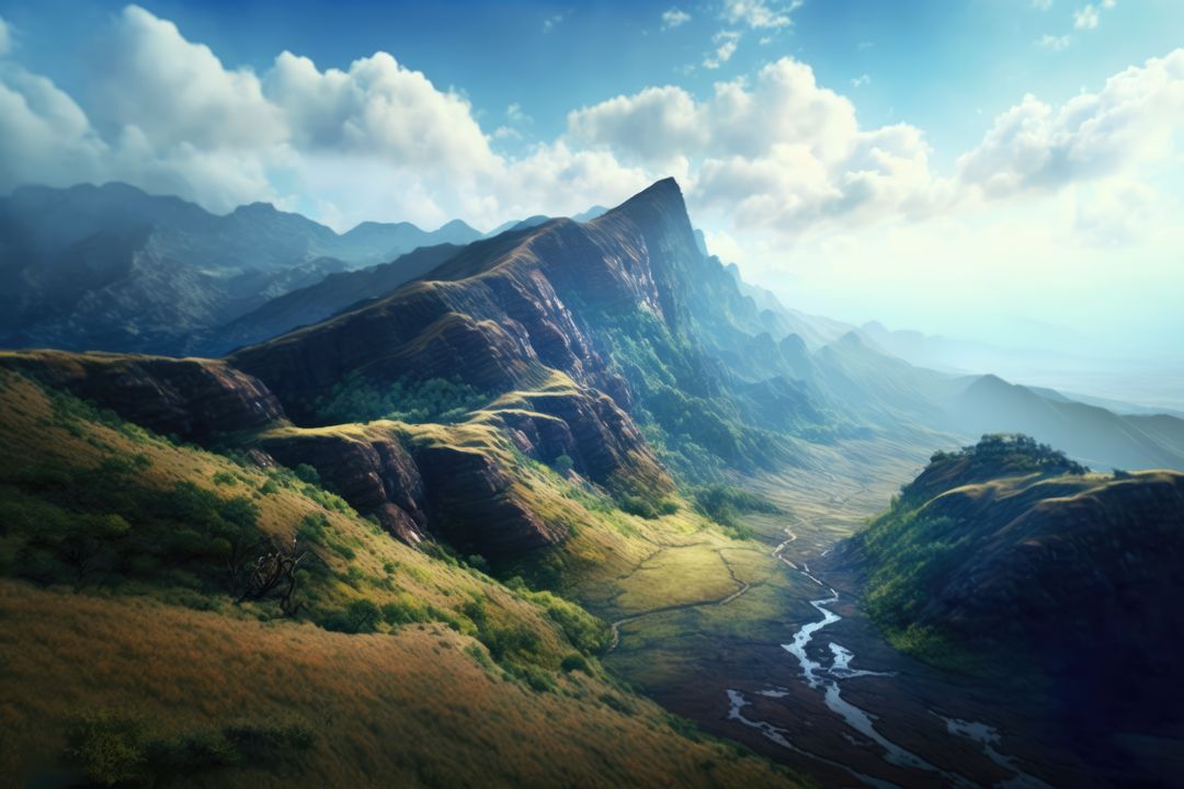 Majestic Mountain Ridge with Serene Valley and Flowing Stream - Free Images, Stock Photos and Pictures on Pikwizard.com