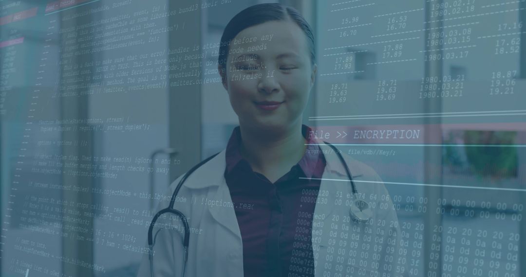 Calm Doctor in Clinic with Cybersecurity Encryption Overlay