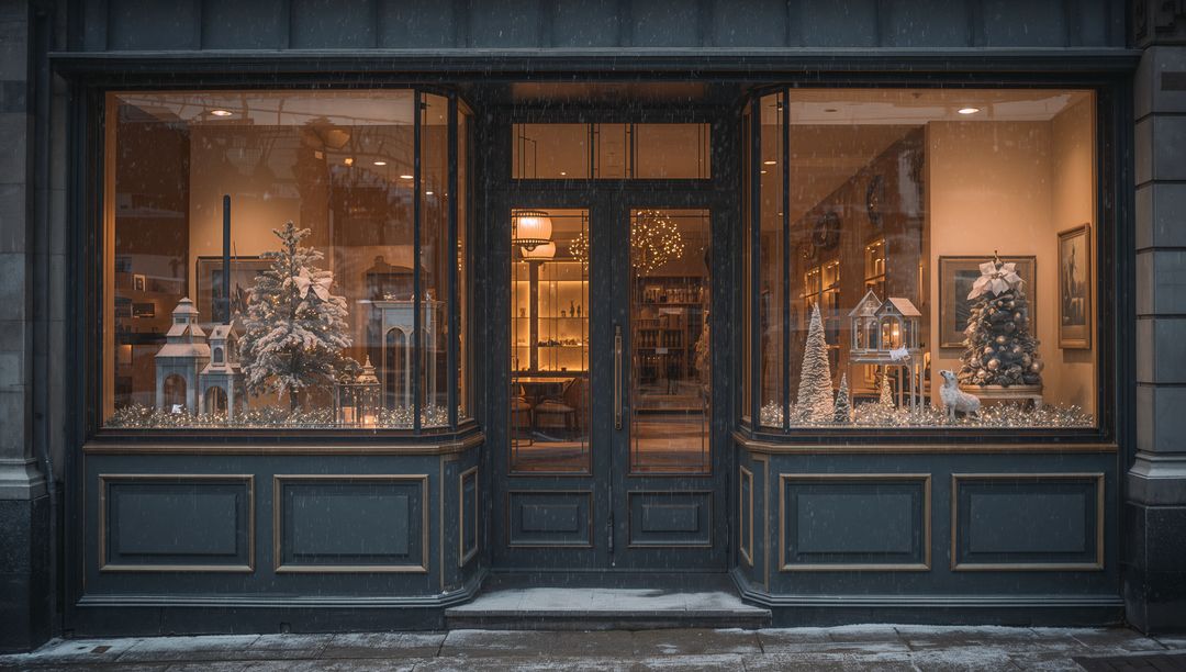 Charming boutique storefront with warm holiday window displays, snowy trees and reindeer