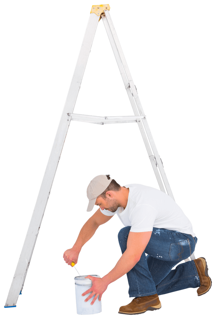 Man Opening Paint Can Near Step Ladder on Transparent Background