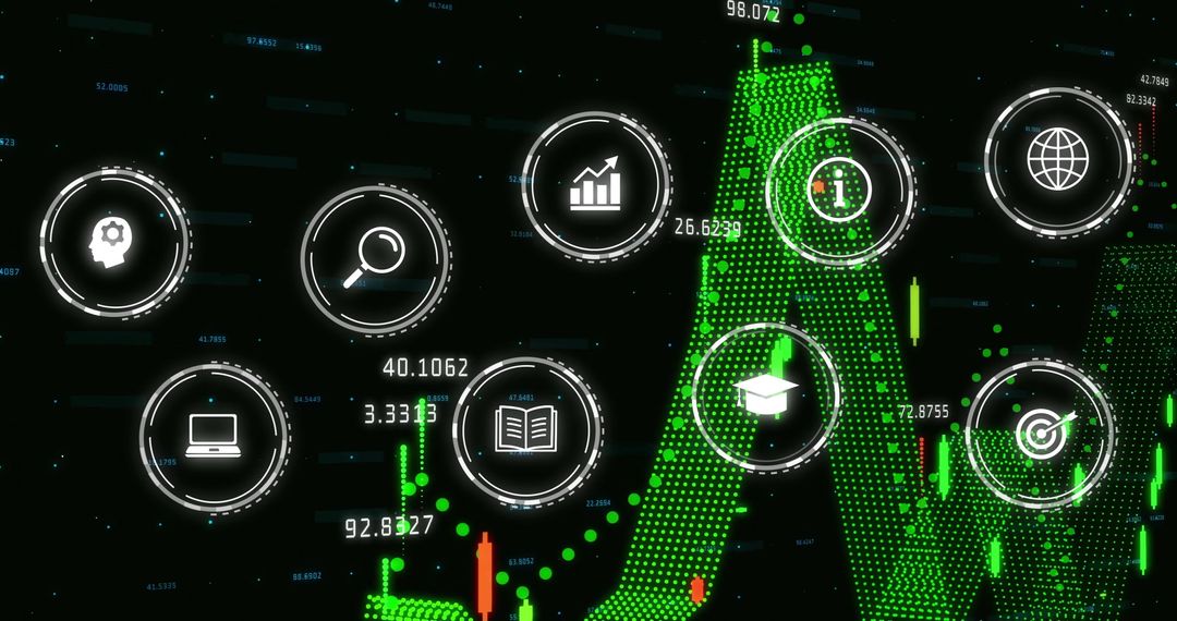 Digital Technology Icons Overlay on Data Analysis Visualization