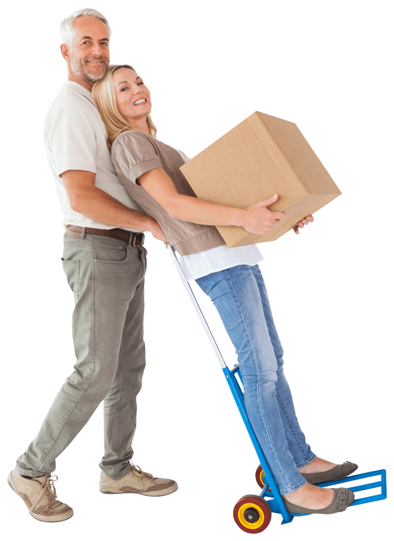 Transparent Couple Using Hand Truck to Move Boxes at Home