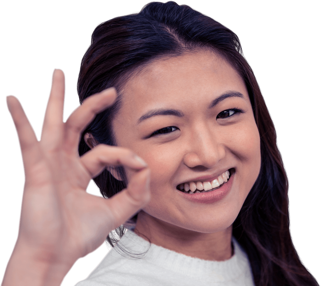 Asian Woman Smiling Confidently with OK Gesture Transparent Background