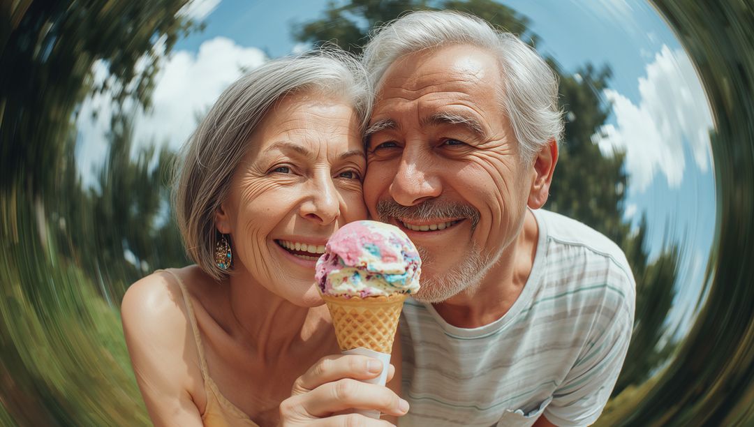 Senior Couple Sharing Colorful Ice Cream Cone in Sunny Park Smiling Affectionately