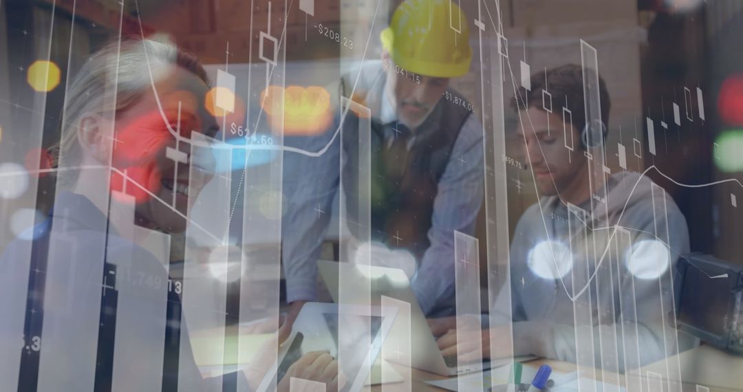 Warehouse Team Analyzing Data with Digital Graphics Overlay