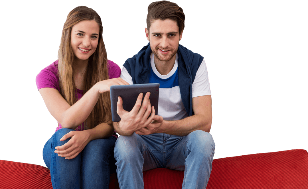 Happy Students Using Tablet on Comfortable Sofa with Transparent Background