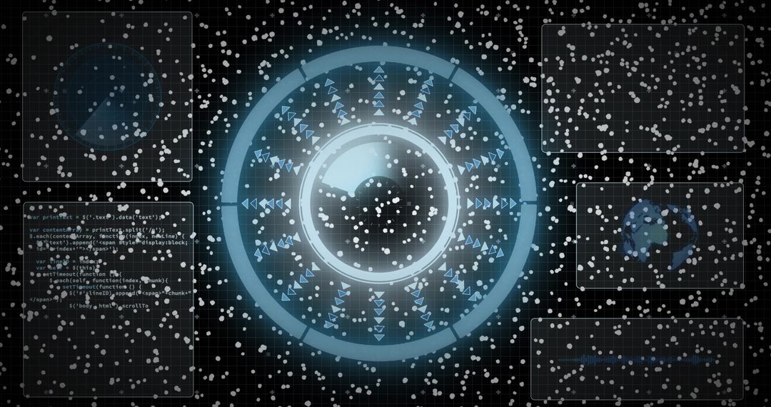 Futuristic Neon Cyan HUD Dashboard with Radial Sphere, Concentric Rings and Data Particles