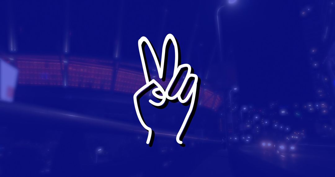 Hand Icon Displaying Peace Sign Over Cityscape at Night