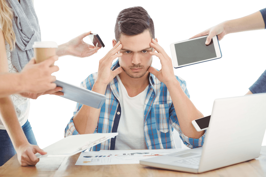 Overwhelmed Businessman at Desk Surrounded by Tasks on Transparent Background