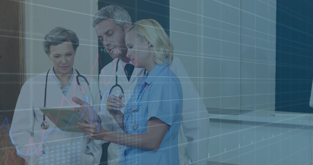 Doctors Discussing Data Analysis with Digital Interface Overlay