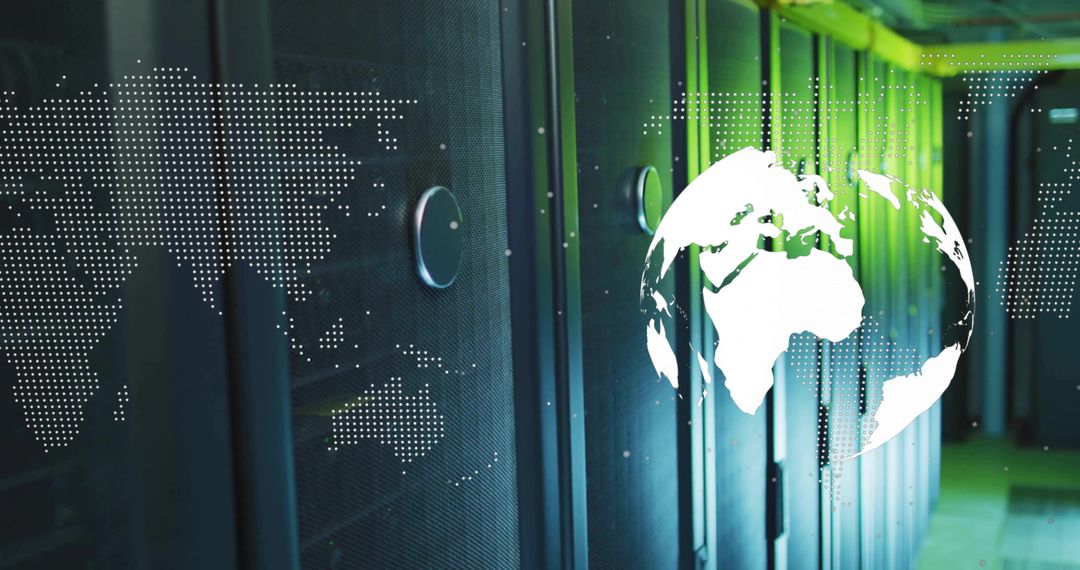 Modern Data Center with Digital World Map Technology overlay