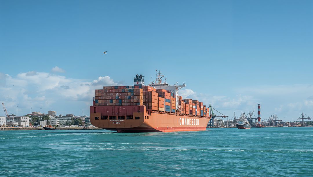 Orange Container Ship Cruising Into Port with Stacked Cargo Containers and Harbor Cranes