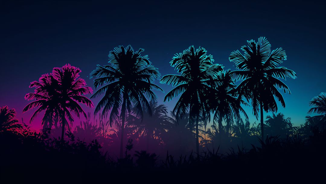 Palms Swaying in Neon Twilight with Magenta and Teal Gradient Silhouettes