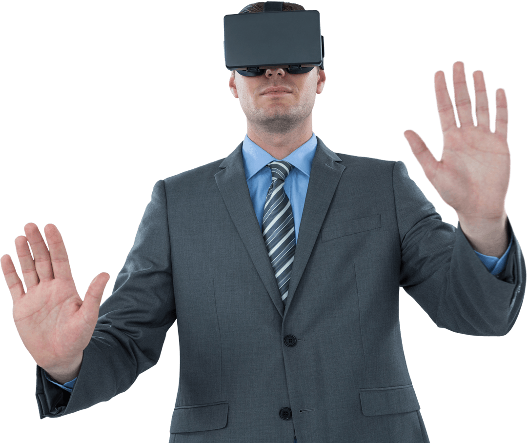 Businessman Engaged with Virtual Reality in Suit on Transparent Background