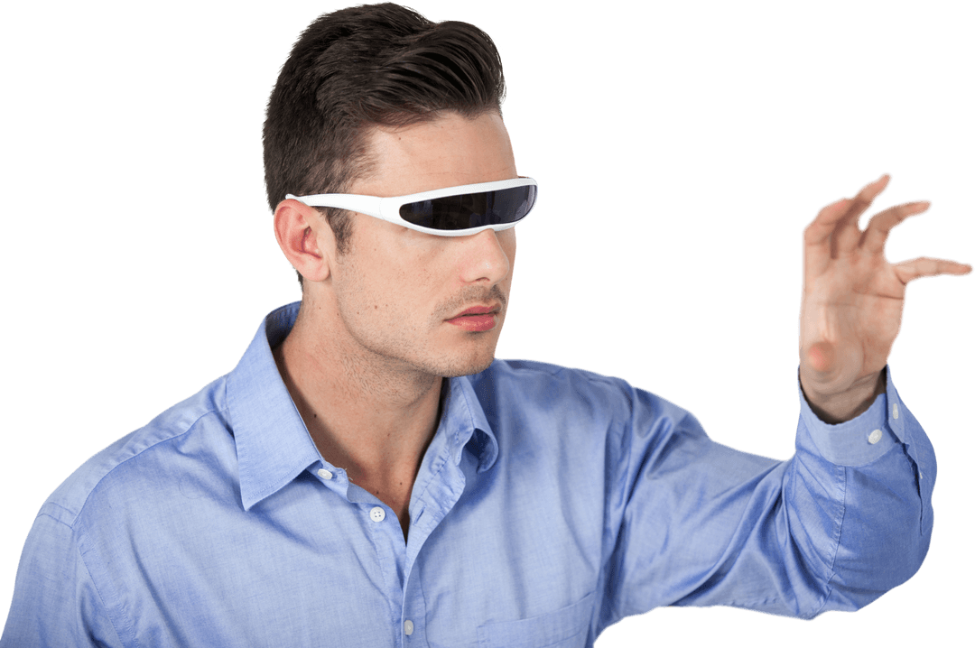Transparent Background Man Using Smart Glasses Visualizes Virtual Reality