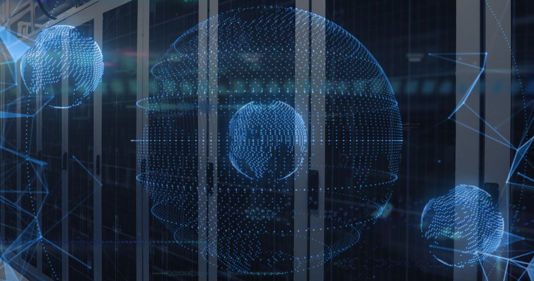 Digital Network Globes Overlaid on Server Room