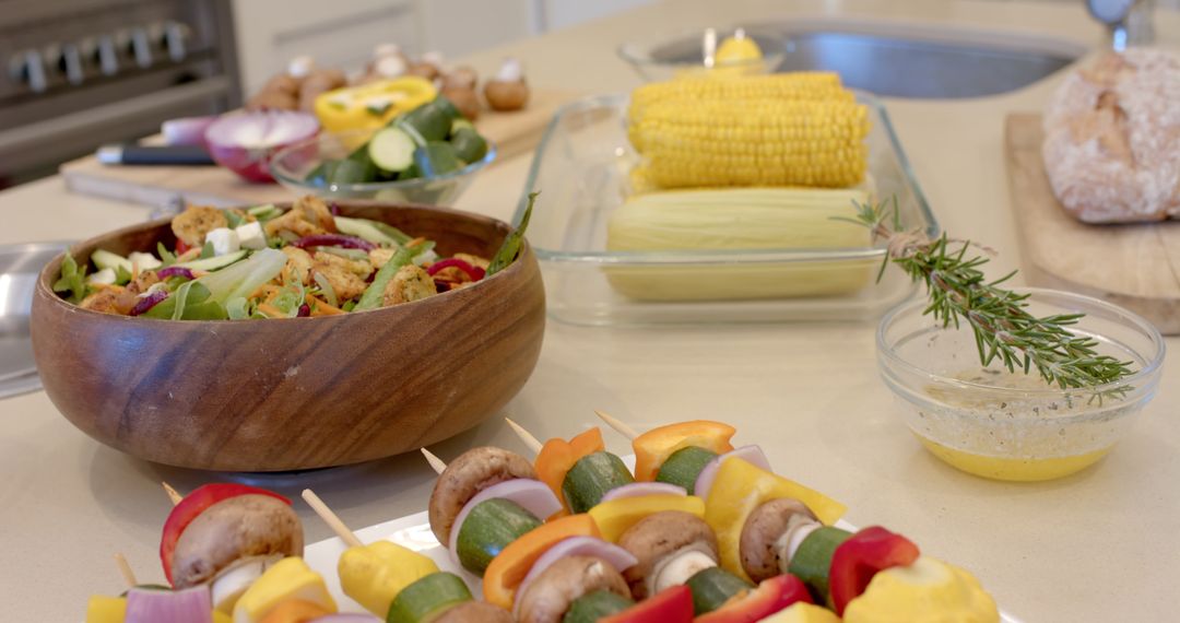 Rustic Vegetarian Feast with Sizzling Skewers and Fresh Produce