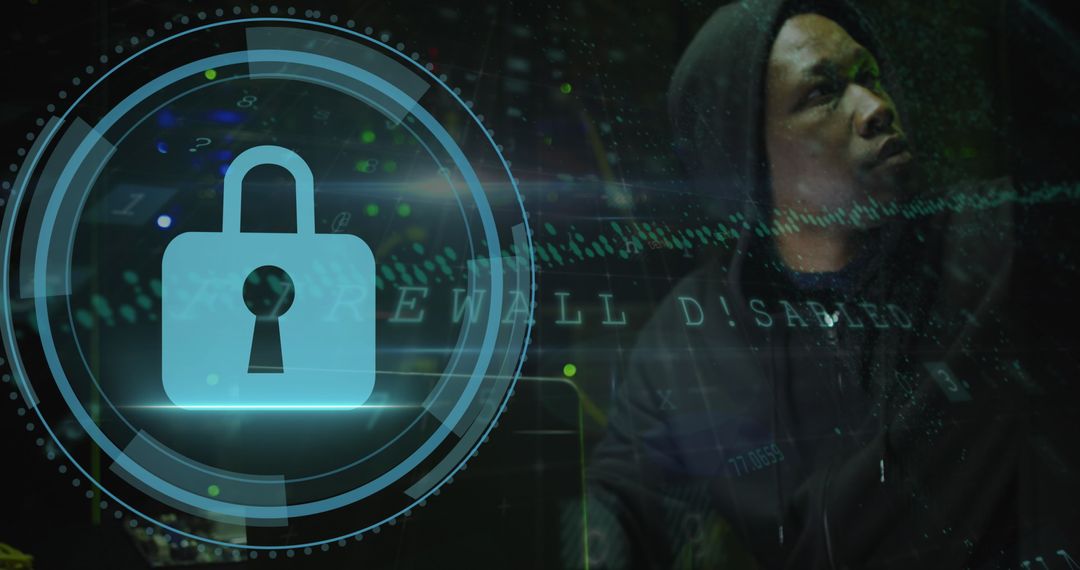 Cybersecurity Hacker Concept Overlay in Dimly Lit Server Room