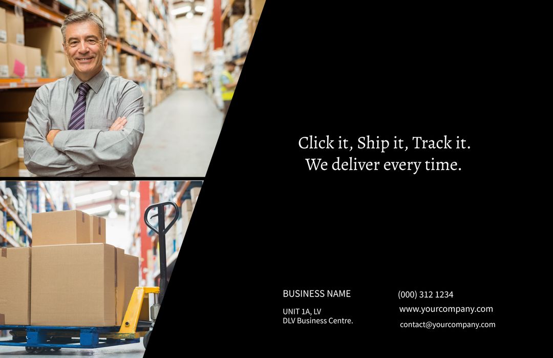 Businessman in Warehouse Promoting Reliable Logistics Solutions