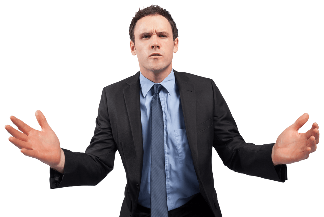 Transparent Businessman Expressing Confusion with Raised Arms