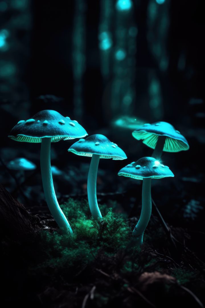 Close up of glowing mushrooms in forest created using generative ai technology - Free Images, Stock Photos and Pictures on Pikwizard.com