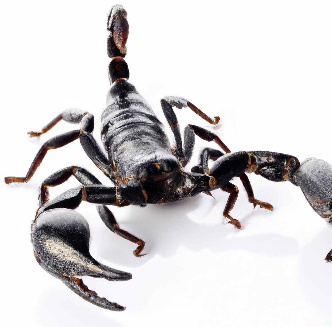 Image of close up of black scorpion on white background - Free Images, Stock Photos and Pictures on Pikwizard.com