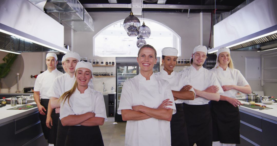 Confident Chefs Posing in Modern Restaurant Kitchen - Free Images, Stock Photos and Pictures on Pikwizard.com