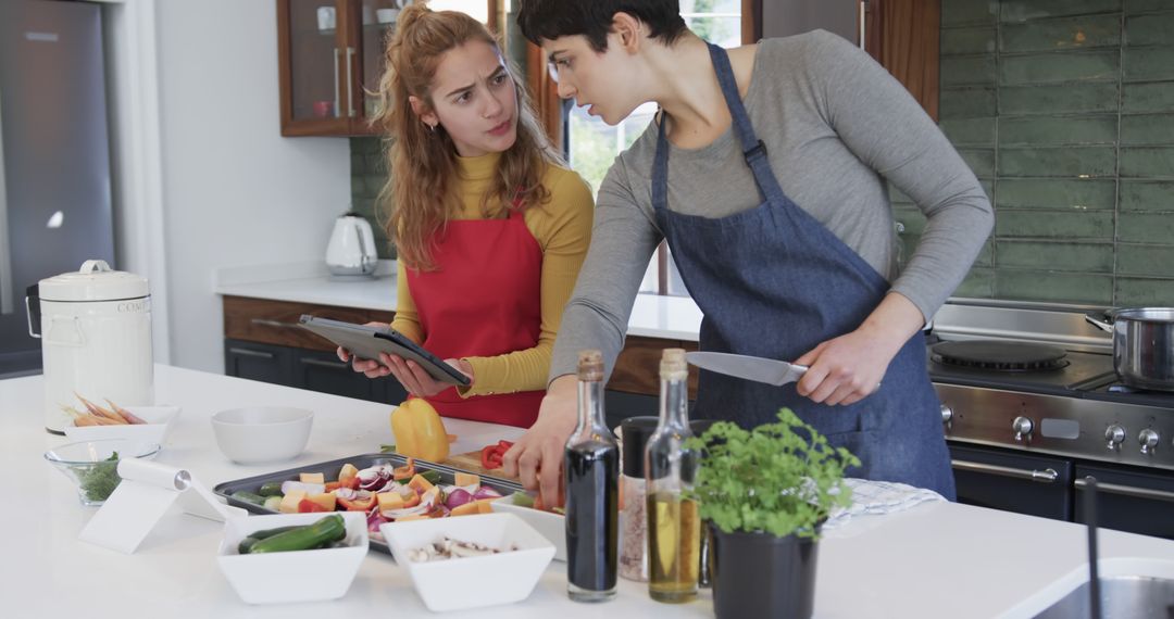 Two women cooking healthy meal in modern kitchen setting - Free Images, Stock Photos and Pictures on Pikwizard.com