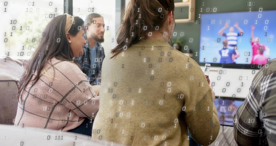 Friends watching TV with binary code overlay illustrating digital streaming and data monitoring