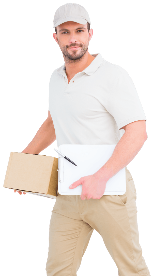 Transparent Delivery Man Holding Box and Clipboard