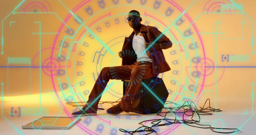 Stylish Musician Playing Accordion Surrounded by Digital Elements