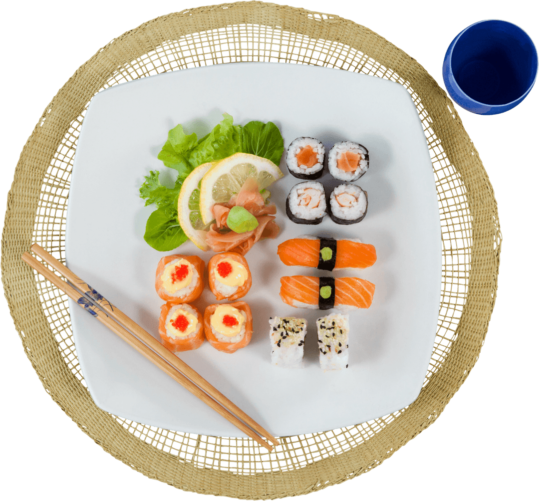 Transparent Platter of Assorted Sushi with Decorative Elements