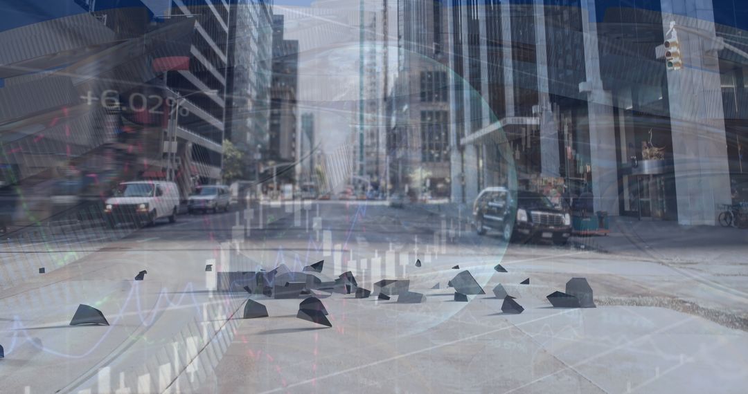 Hats on Urban Street with Traffic and Skyscrapers