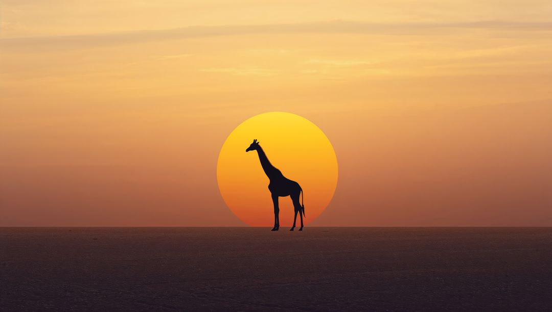 Giraffe silhouette against vibrant sunset in serene landscape