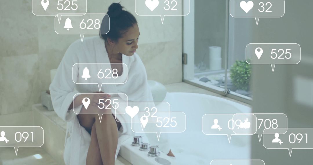 Woman in Bathrobe with Social Media Interface Simulation