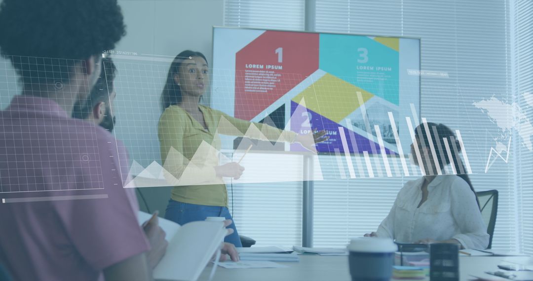 Professional Presentation with Digital Data Overlay in Modern Office