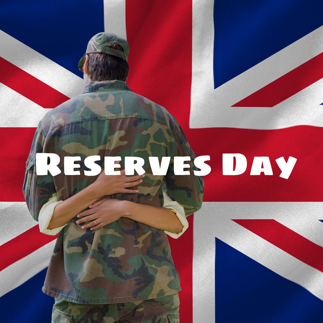 Caucasian Soldier Embracing Loved One on Union Jack Background