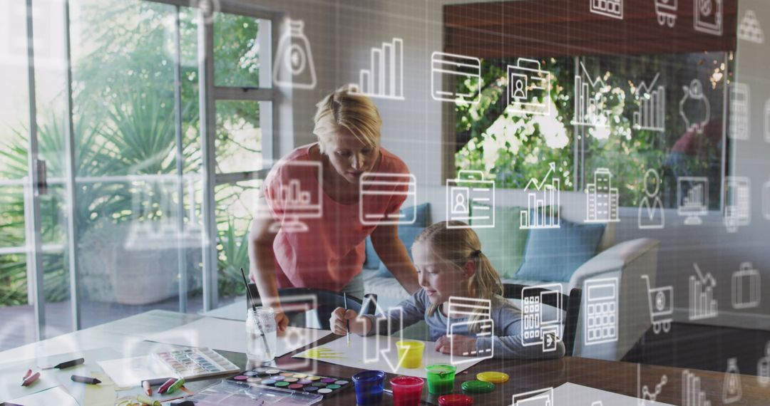 Mother Supporting Daughter in Creative Home Activity with Tech Overlay