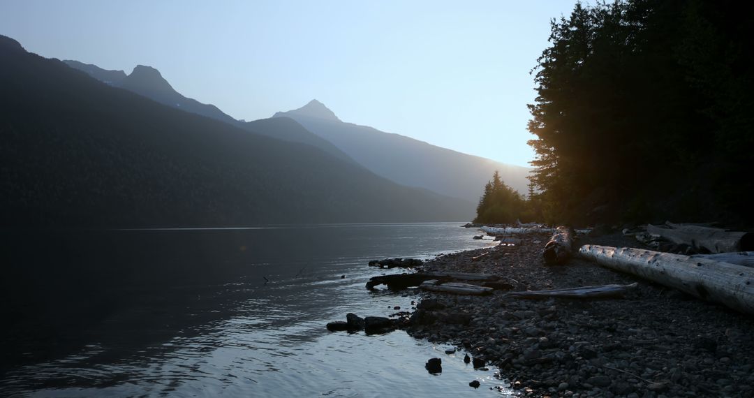 Tranquil Lake Dusk with Mountains and Driftwood Shoreline