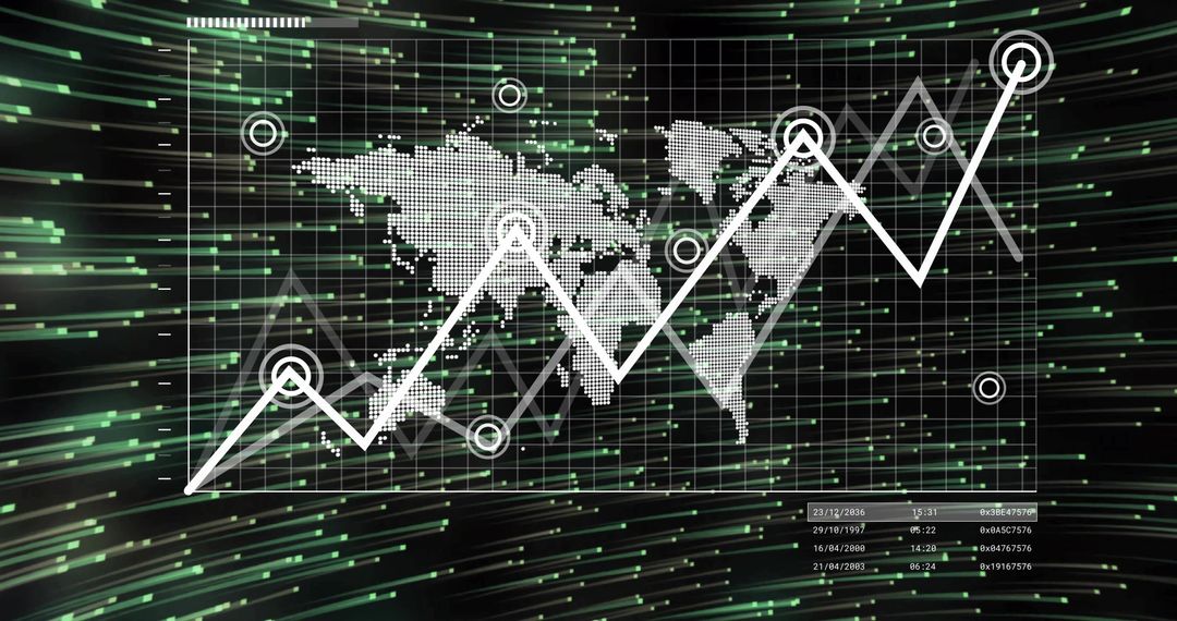 Futuristic global data visualization showing rising line graph over dotted world map HUD