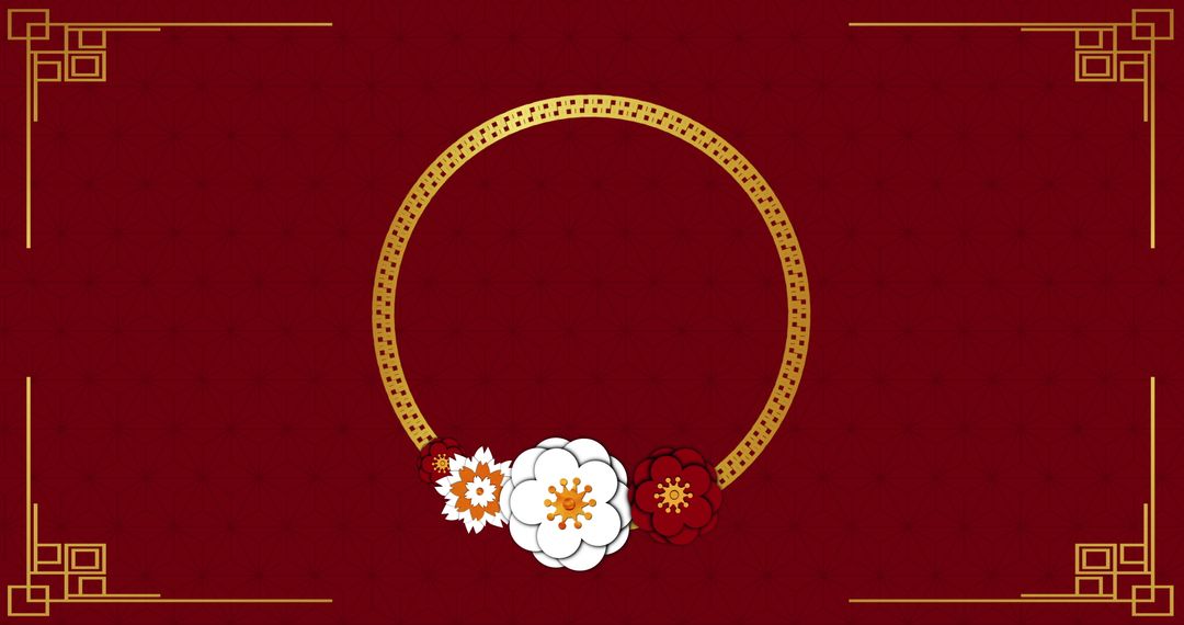 Chinese New Year Floral Circle with Empty Space on Red Background